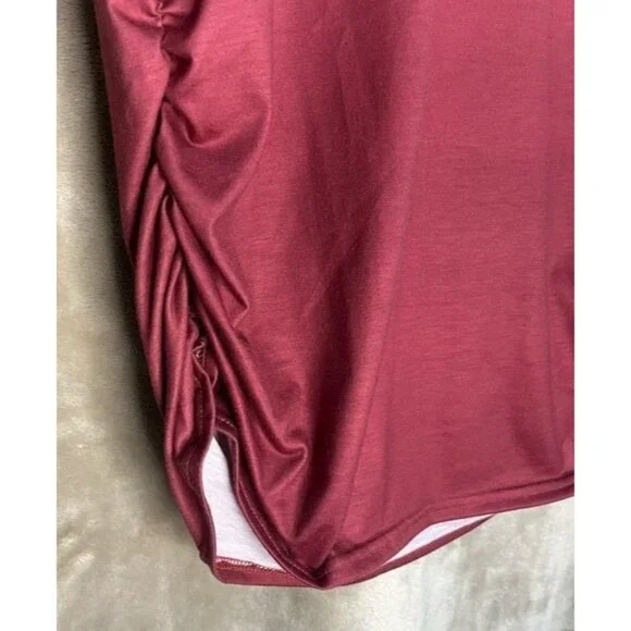 Womens V Neck Short Sleeve Cold Shoulder Cutouts Shirt Light Rose Burgundy, Wine - Picture 16 of 16